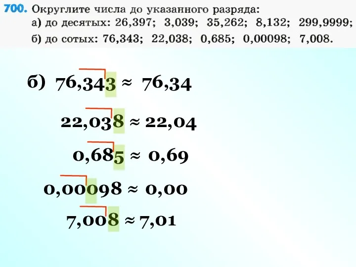 б) 76,343 ≈ 76,34 22,038 ≈ 22,04 0,685 ≈ 0,69 0,00098 ≈ 0,00 7,008 ≈ 7,01
