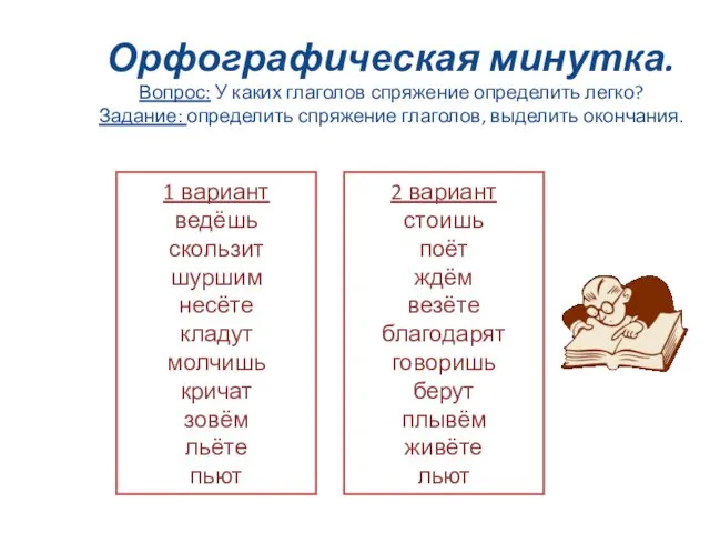 Орфографическая минутка. Вопрос: У каких глаголов спряжение определить легко? Задание: