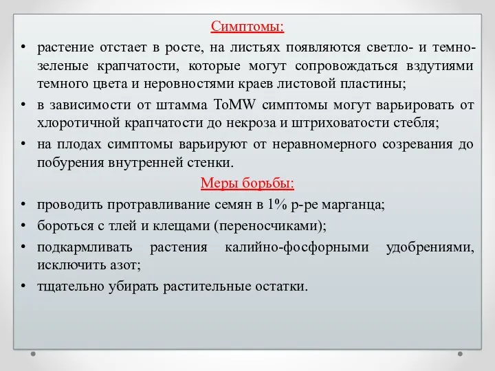 Симптомы: растение отстает в росте, на листьях появляются светло- и