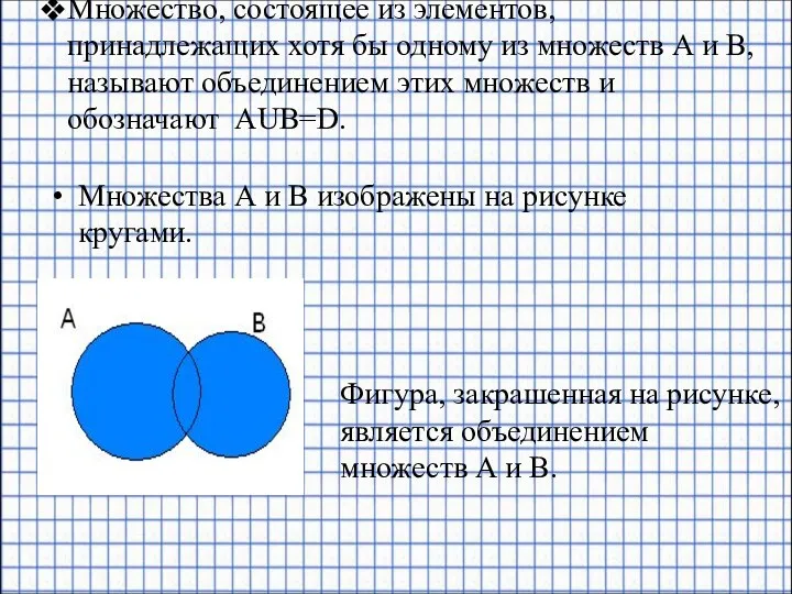 Фигура, закрашенная на рисунке, является объединением множеств А и В.