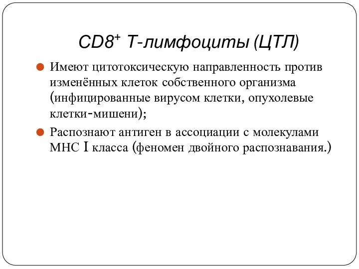 СD8+ Т-лимфоциты (ЦТЛ) Имеют цитотоксическую направленность против изменённых клеток собственного