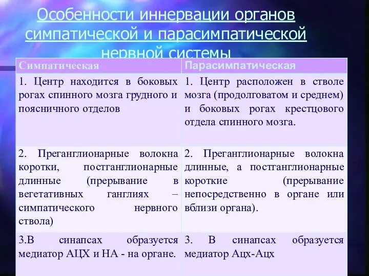 Особенности иннервации органов симпатической и парасимпатической нервной системы