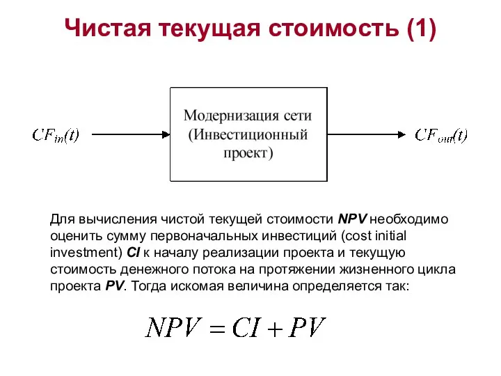 Чистая текущая стоимость (1) Для вычисления чистой текущей стоимости NPV необходимо оценить сумму