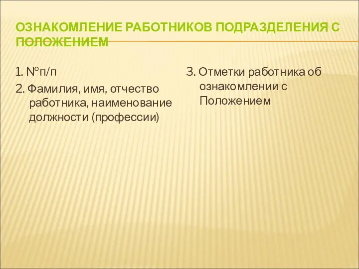 ОЗНАКОМЛЕНИЕ РАБОТНИКОВ ПОДРАЗДЕЛЕНИЯ С ПОЛОЖЕНИЕМ 1. №п/п 2. Фамилия, имя,