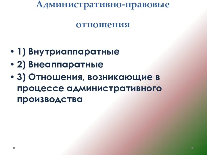 Административно-правовые отношения 1) Внутриаппаратные 2) Внеаппаратные 3) Отношения, возникающие в процессе административного производства