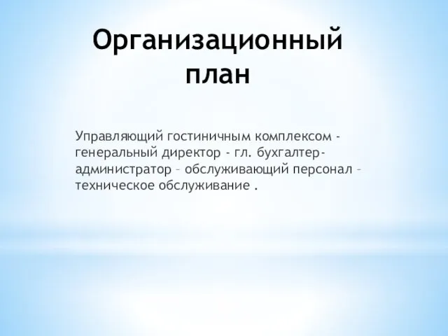 Организационный план Управляющий гостиничным комплексом -генеральный директор - гл. бухгалтер-администратор