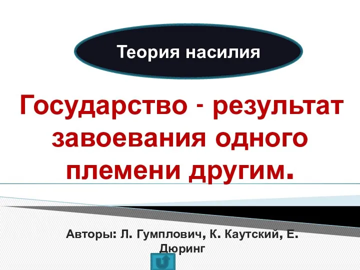 Теория насилия Государство - результат завоевания одного племени другим. Авторы: Л. Гумплович, К. Каутский, Е. Дюринг