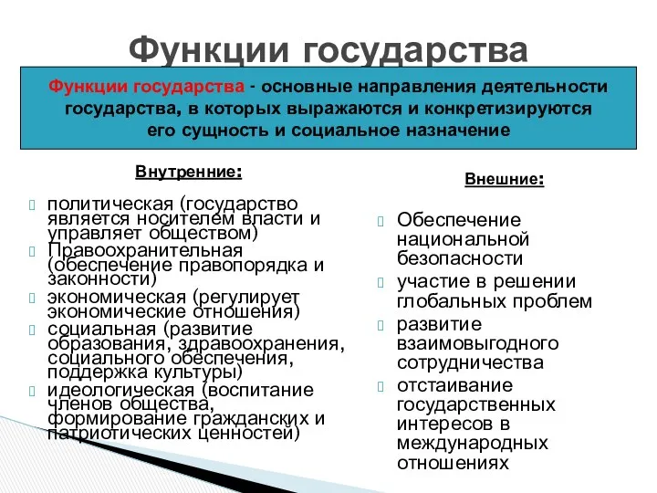 Внутренние: политическая (государство является носителем власти и управляет обществом) Правоохранительная