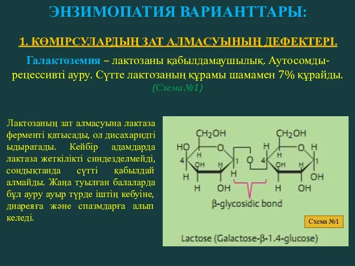 ЭНЗИМОПАТИЯ ВАРИАНТТАРЫ: 1. КӨМІРСУЛАРДЫҢ ЗАТ АЛМАСУЫНЫҢ ДЕФЕКТЕРІ. Галактоземия – лактозаны