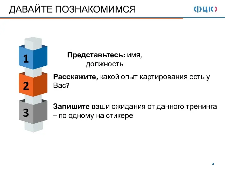 ДАВАЙТЕ ПОЗНАКОМИМСЯ 1 2 3 Представьтесь: имя, должность Расскажите, какой