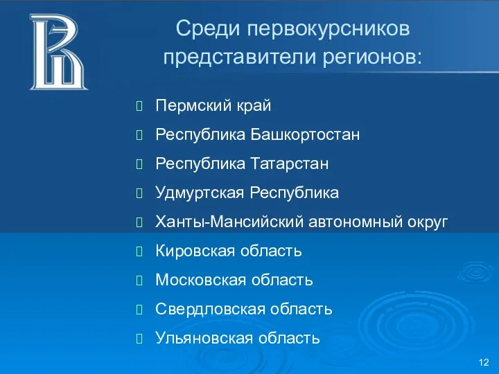 Среди первокурсников представители регионов: Пермский край Республика Башкортостан Республика Татарстан