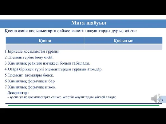 Қоспа және қосылыстарға сәйкес келетін жауаптарды дұрыс жікте: 1.Бірнеше қосылыстан