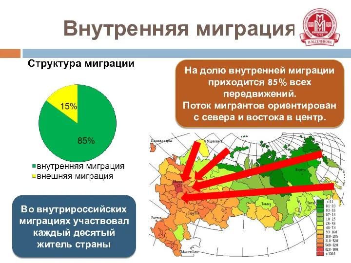 Внутренняя миграция На долю внутренней миграции приходится 85% всех передвижений.