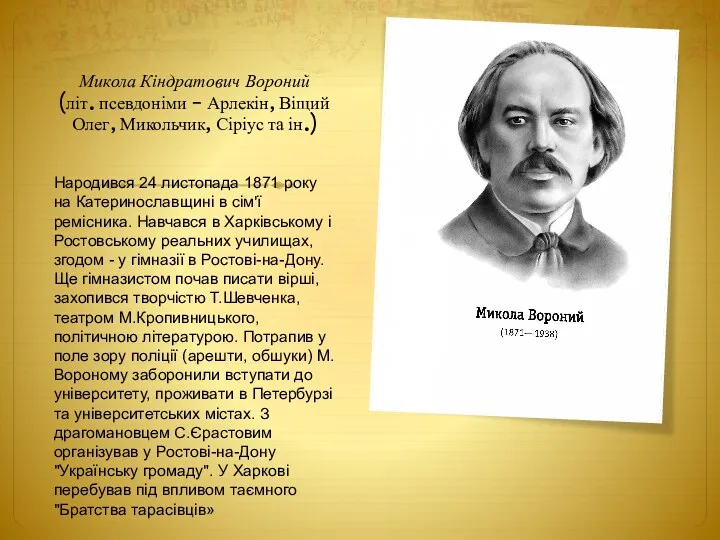 Микола Кіндратович Вороний (літ. псевдоніми - Арлекін, Віщий Олег, Микольчик,