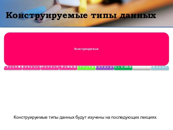 Конструируемые типы данных Конструируемые Массивы Множества Записи Файлы Перечисляемые Указатели