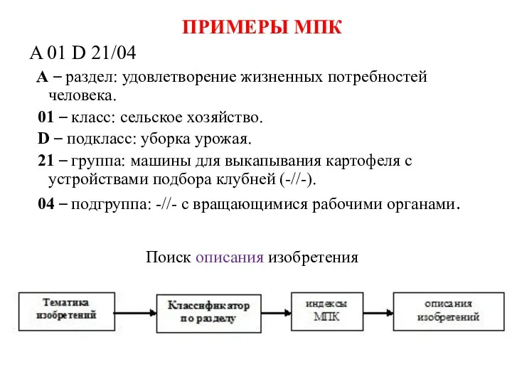 ПРИМЕРЫ МПК A 01 D 21/04 A – раздел: удовлетворение жизненных потребностей человека.