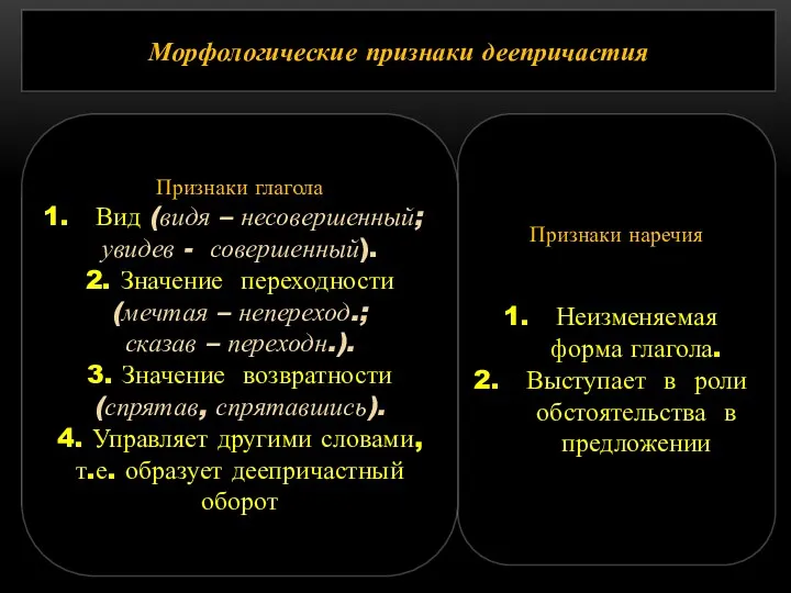 Признаки наречия Неизменяемая форма глагола. Выступает в роли обстоятельства в