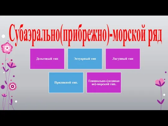 Субаэрально(прибрежно)-морской ряд Дельтовый тип Эстуарный тип Лагунный тип Приливной тип. Гляциально-(ледниково)-морской тип.