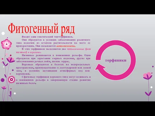 Фитогенный ряд Входит один генетический тип-торфяники. Они образуются в условиях