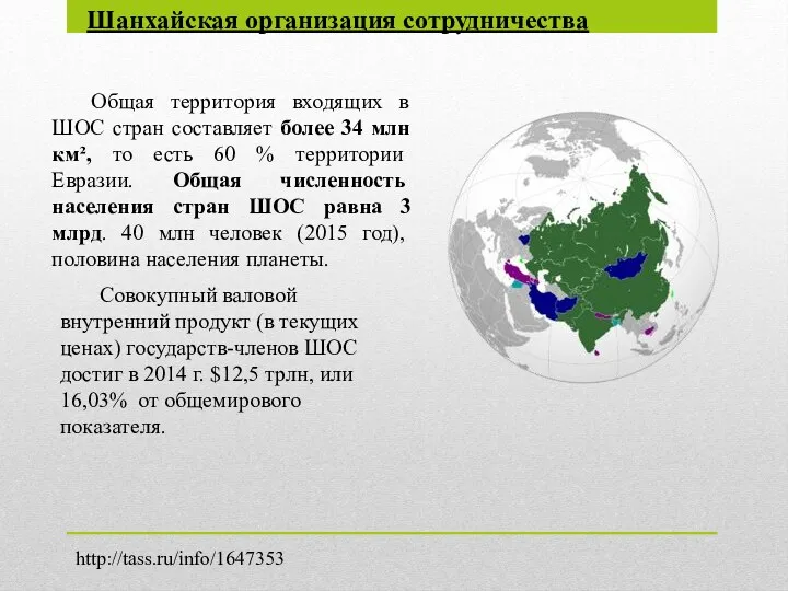 Общая территория входящих в ШОС стран составляет более 34 млн