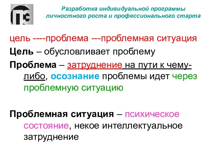 Разработка индивидуальной программы личностного роста и профессионального старта цель ----проблема