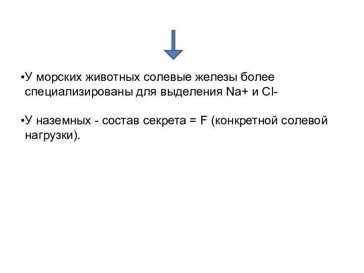 У морских животных солевые железы более специализированы для выделения Na+ и Cl- У