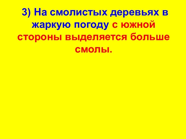 3) На смолистых деревьях в жаркую погоду с южной стороны выделяется больше смолы.