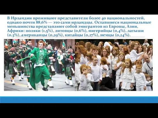 В Ирландии проживают представители более 40 национальностей, однако почти 88,6%