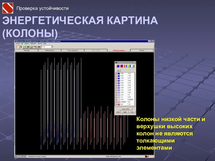 ЭНЕРГЕТИЧЕСКАЯ КАРТИНА (КОЛОНЫ) Колоны низкой части и верхушки высоких колон не являются толкающими элементами Проверка устойчивости