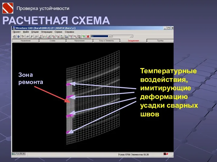 РАСЧЕТНАЯ СХЕМА Зона ремонта Температурные воздействия, имитирующие деформацию усадки сварных швов Проверка устойчивости