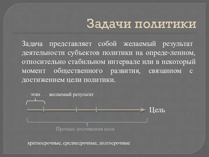 Задачи политики Задача представляет собой желаемый результат деятельности субъектов политики на опреде-ленном, относительно