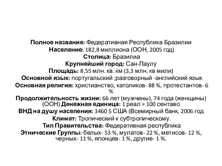 Полное название: Федеративная Республика Бразилии Население: 182,8 миллиона (ООН, 2005