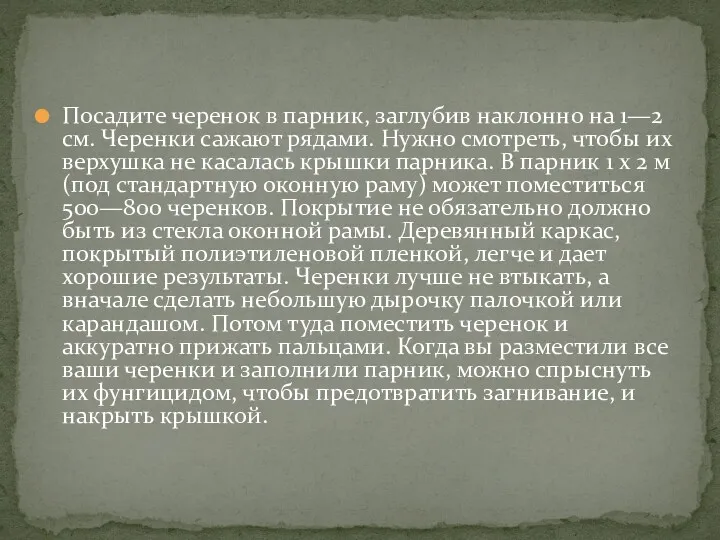 Посадите черенок в парник, заглубив наклонно на 1—2 см. Черенки