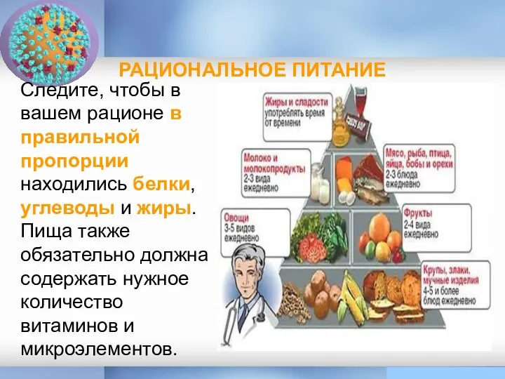 РАЦИОНАЛЬНОЕ ПИТАНИЕ Следите, чтобы в вашем рационе в правильной пропорции находились белки, углеводы