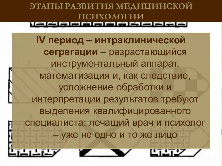 ЭТАПЫ РАЗВИТИЯ МЕДИЦИНСКОЙ ПСИХОЛОГИИ IV период – интраклинической сегрегации –