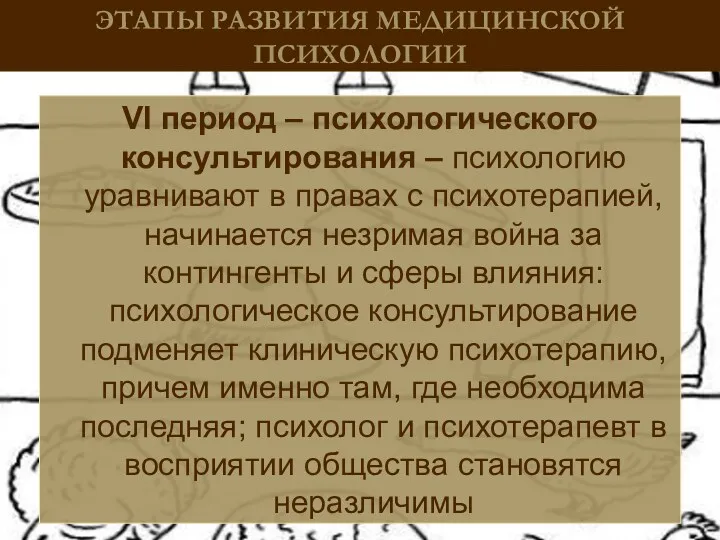 ЭТАПЫ РАЗВИТИЯ МЕДИЦИНСКОЙ ПСИХОЛОГИИ VI период – психологического консультирования –