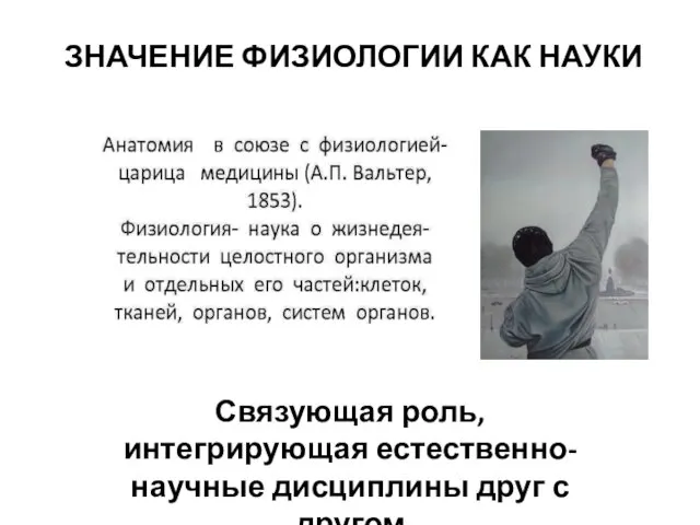 ЗНАЧЕНИЕ ФИЗИОЛОГИИ КАК НАУКИ Связующая роль, интегрирующая естественно-научные дисциплины друг с другом