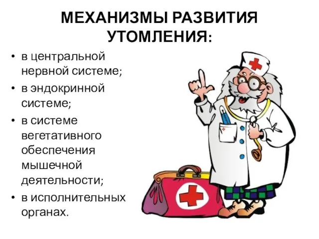 МЕХАНИЗМЫ РАЗВИТИЯ УТОМЛЕНИЯ: в центральной нервной системе; в эндокринной системе;