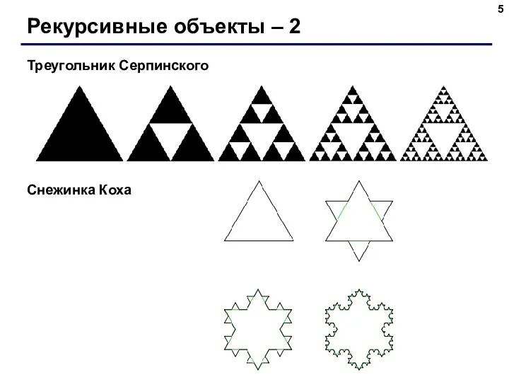 Рекурсивные объекты – 2 Треугольник Серпинского Снежинка Коха