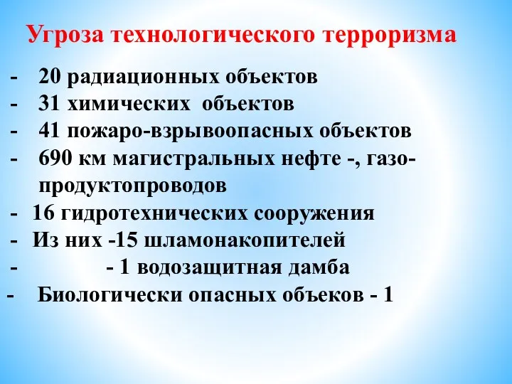 Угроза технологического терроризма 20 радиационных объектов 31 химических объектов 41