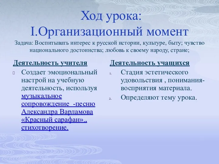 Ход урока: I.Организационный момент Задача: Воспитывать интерес к русской истории,