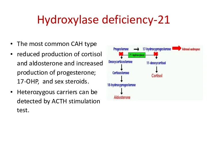 21-Hydroxylase deficiency The most common CAH type reduced production of