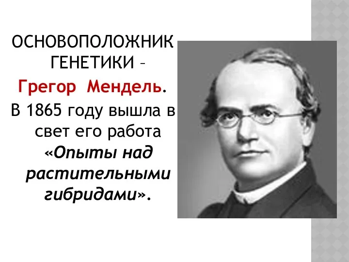 ОСНОВОПОЛОЖНИК ГЕНЕТИКИ – Грегор Мендель. В 1865 году вышла в