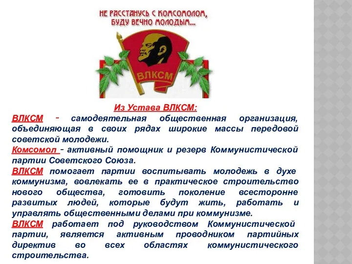 Из Устава ВЛКСМ: ВЛКСМ ‑ самодеятельная общественная организация, объединяющая в