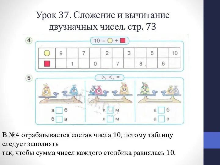 Урок 37. Сложение и вычитание двузначных чисел. стр. 73 В №4 отрабатывается состав