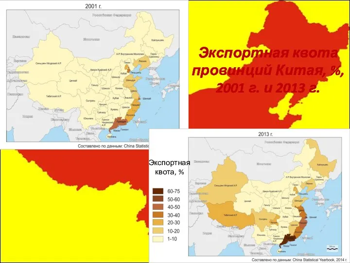 Экспортная квота провинций Китая, %, 2001 г. и 2013 г. Экспортная квота, %