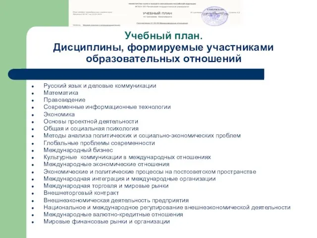 Учебный план. Дисциплины, формируемые участниками образовательных отношений Русский язык и
