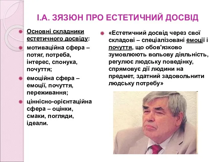 І.А. ЗЯЗЮН ПРО ЕСТЕТИЧНИЙ ДОСВІД Основні складники естетичного досвіду: мотиваційна