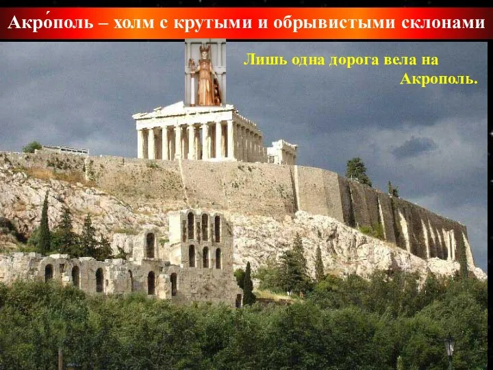 Акро́поль – холм с крутыми и обрывистыми склонами Лишь одна дорога вела на Акрополь.