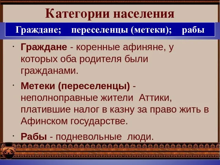 Граждане; переселенцы (метеки); рабы